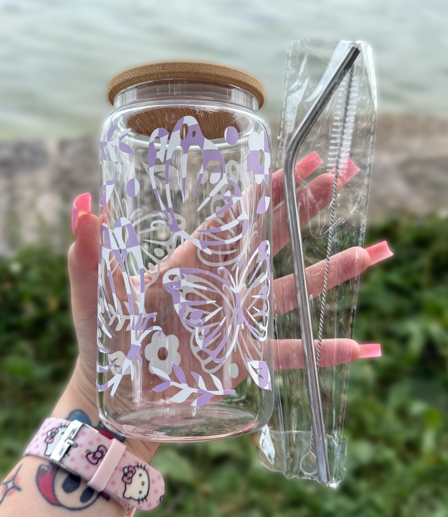 V2 Purple Checkered Butterflies 16 OZ Glass Tumbler