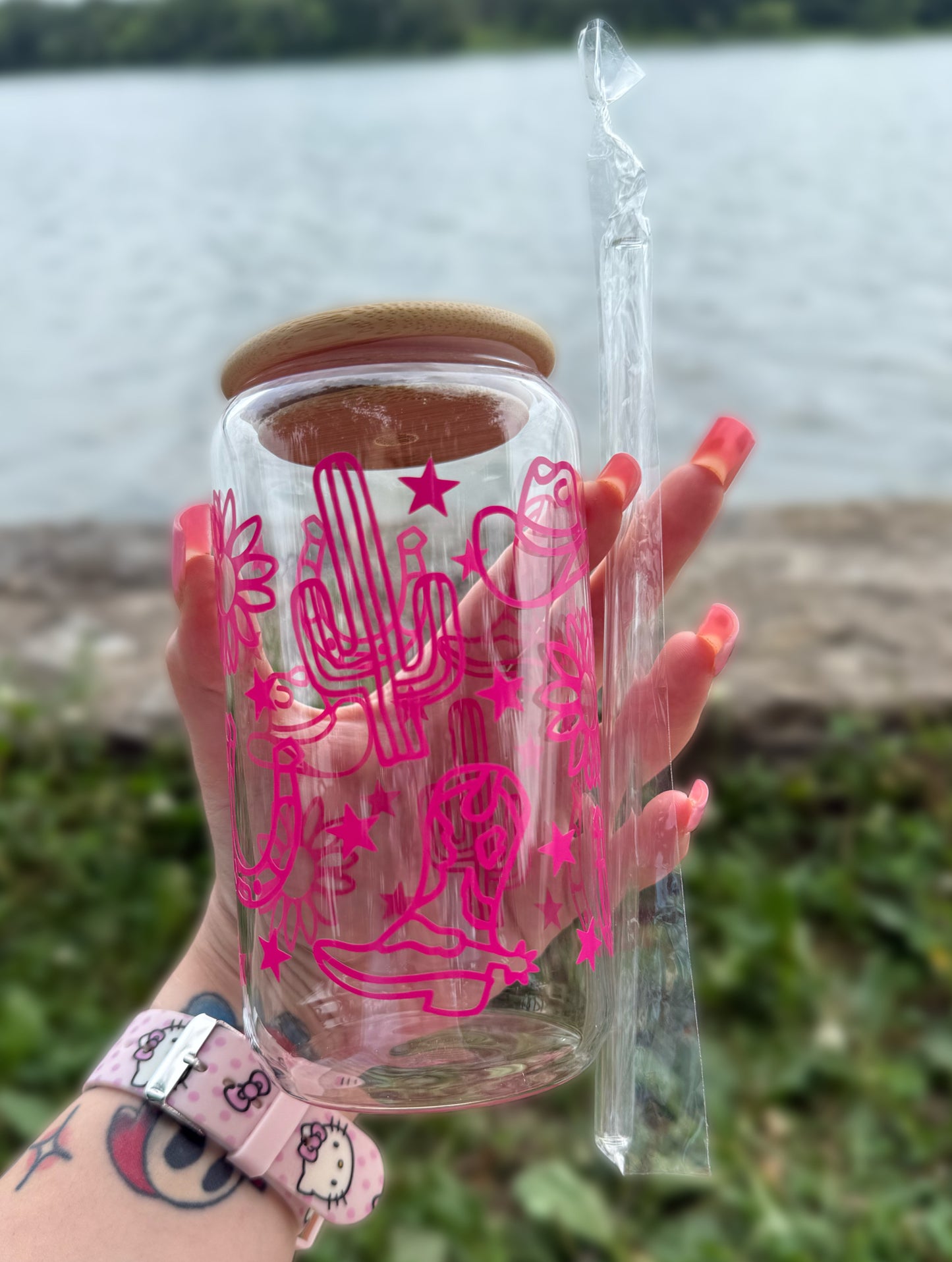 V1 Hot Pink Yeehaw 16 OZ Glass Tumbler