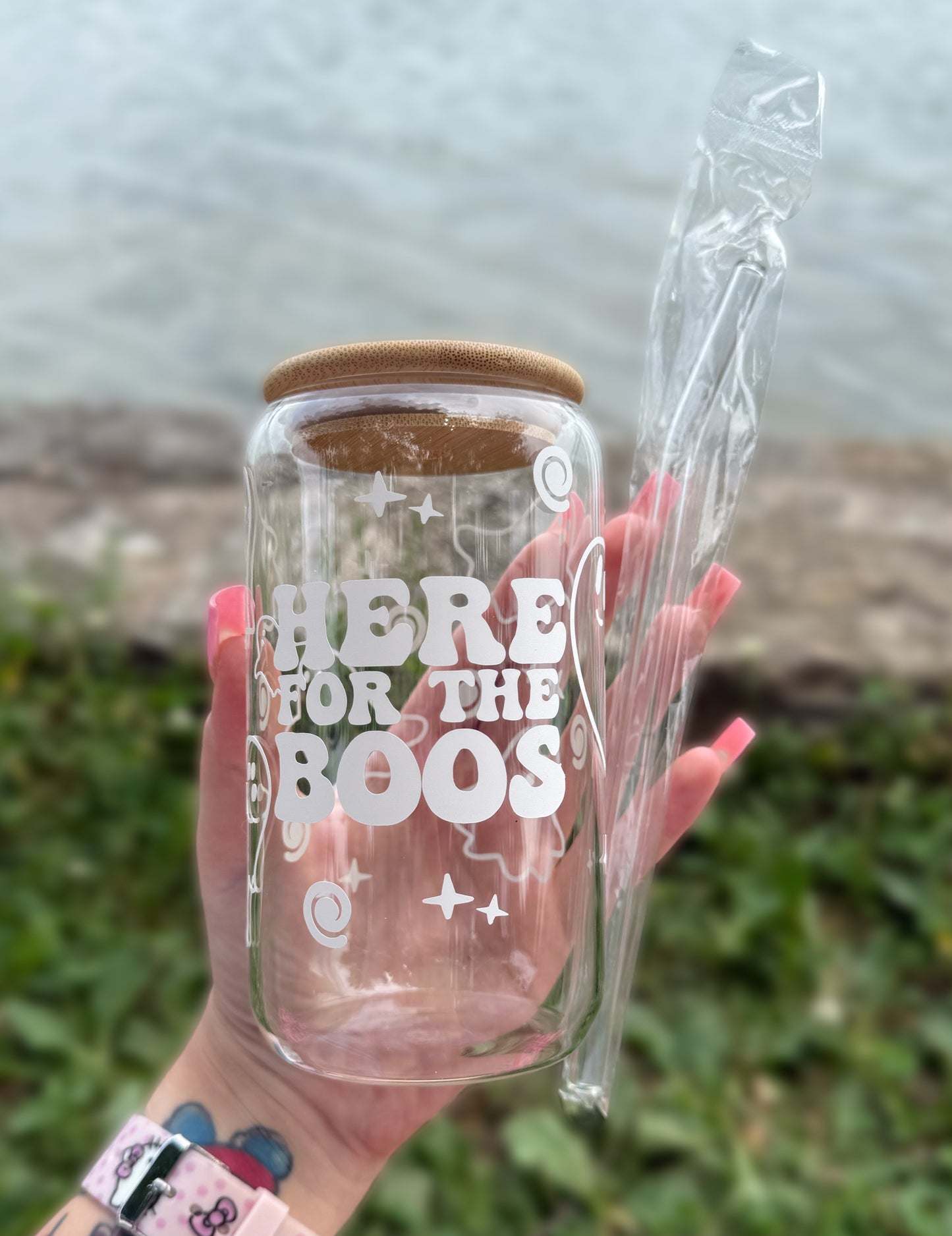 V1 White “Here for the boos” 16 OZ Glass Tumbler