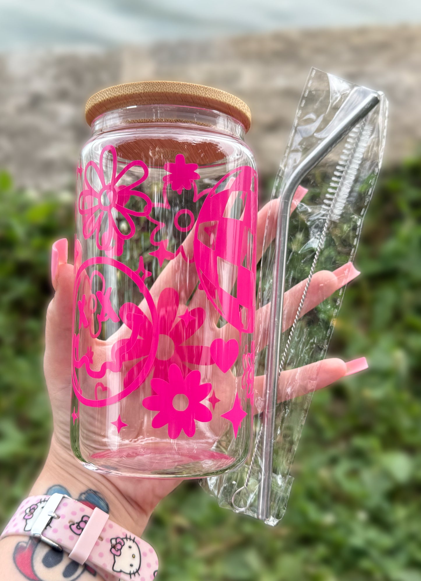 V2 Hot Pink Funky Disco 16 OZ Glass Tumbler