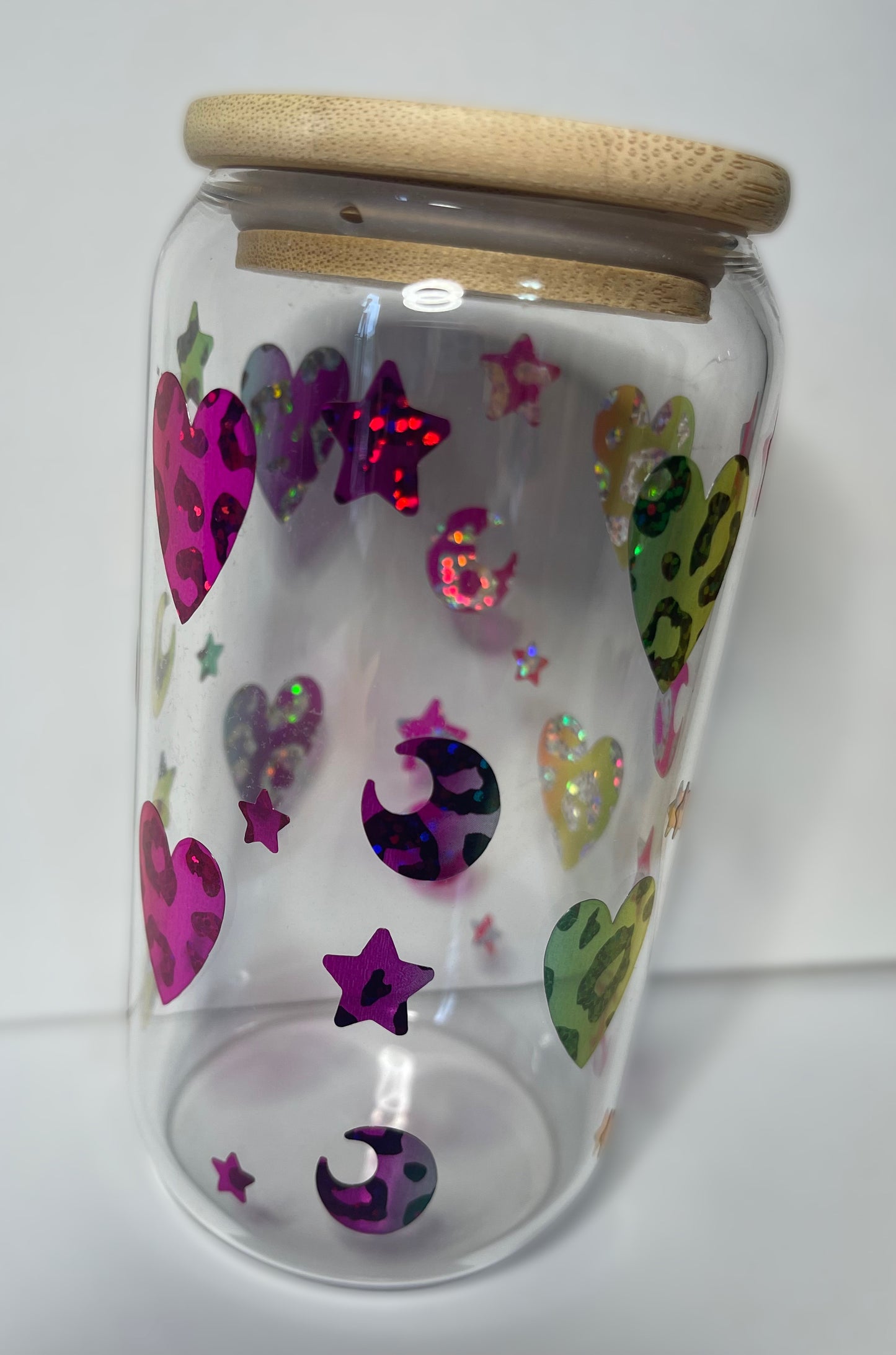 Rainbow Hearts, Stars, and Moons 16 OZ Glass Tumbler