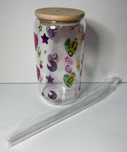 Rainbow Hearts, Stars, and Moons 16 OZ Glass Tumbler