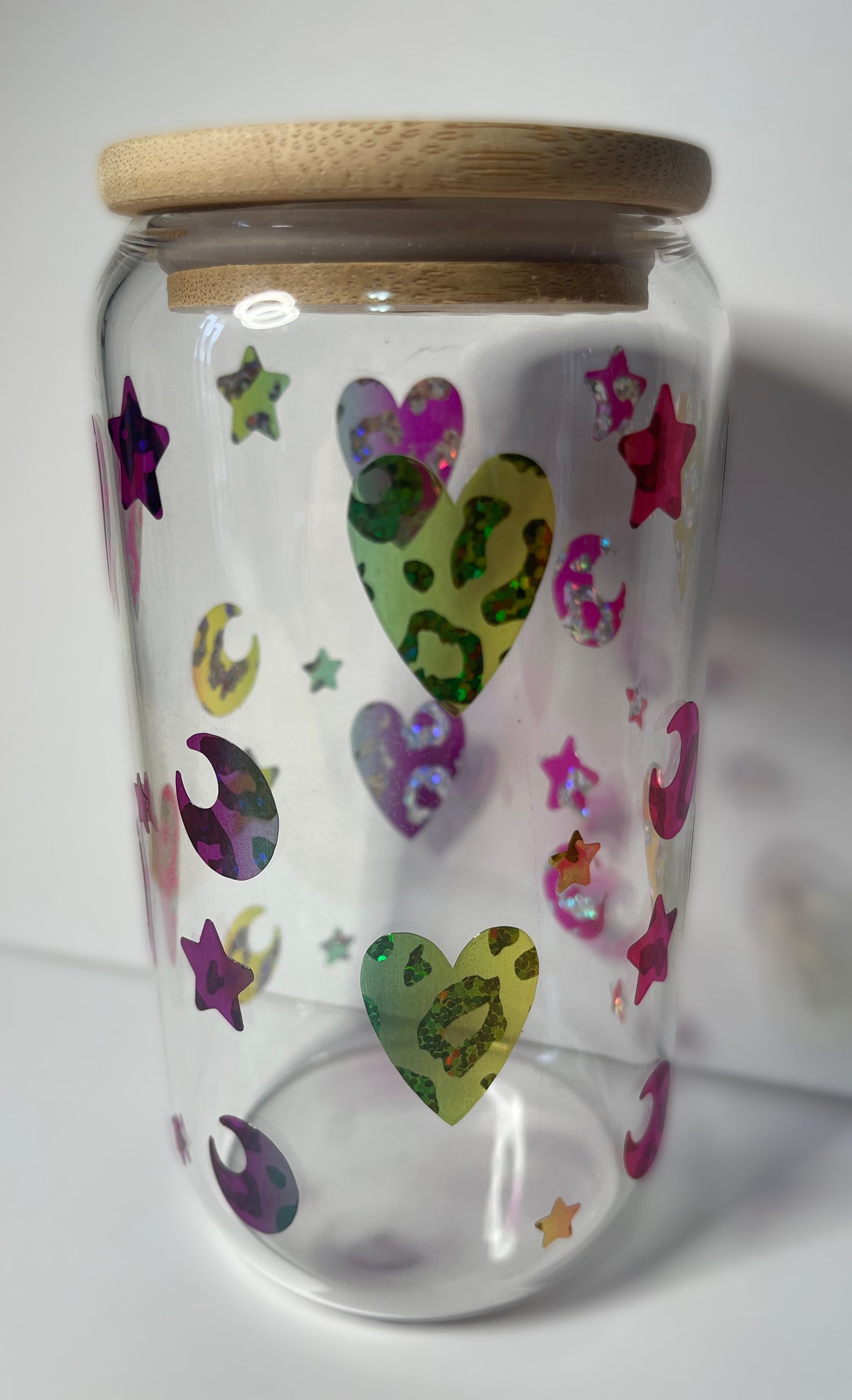 Rainbow Hearts, Stars, and Moons 16 OZ Glass Tumbler