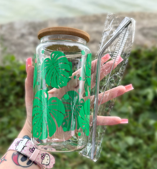 V2 Thick Green Monsteras 16 OZ Glass Tumbler