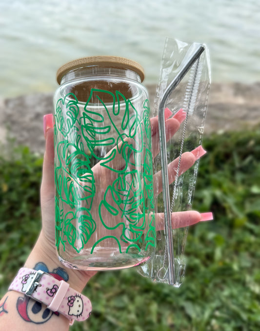 V2 Thin Green Monstera 16 OZ Glass Tumbler