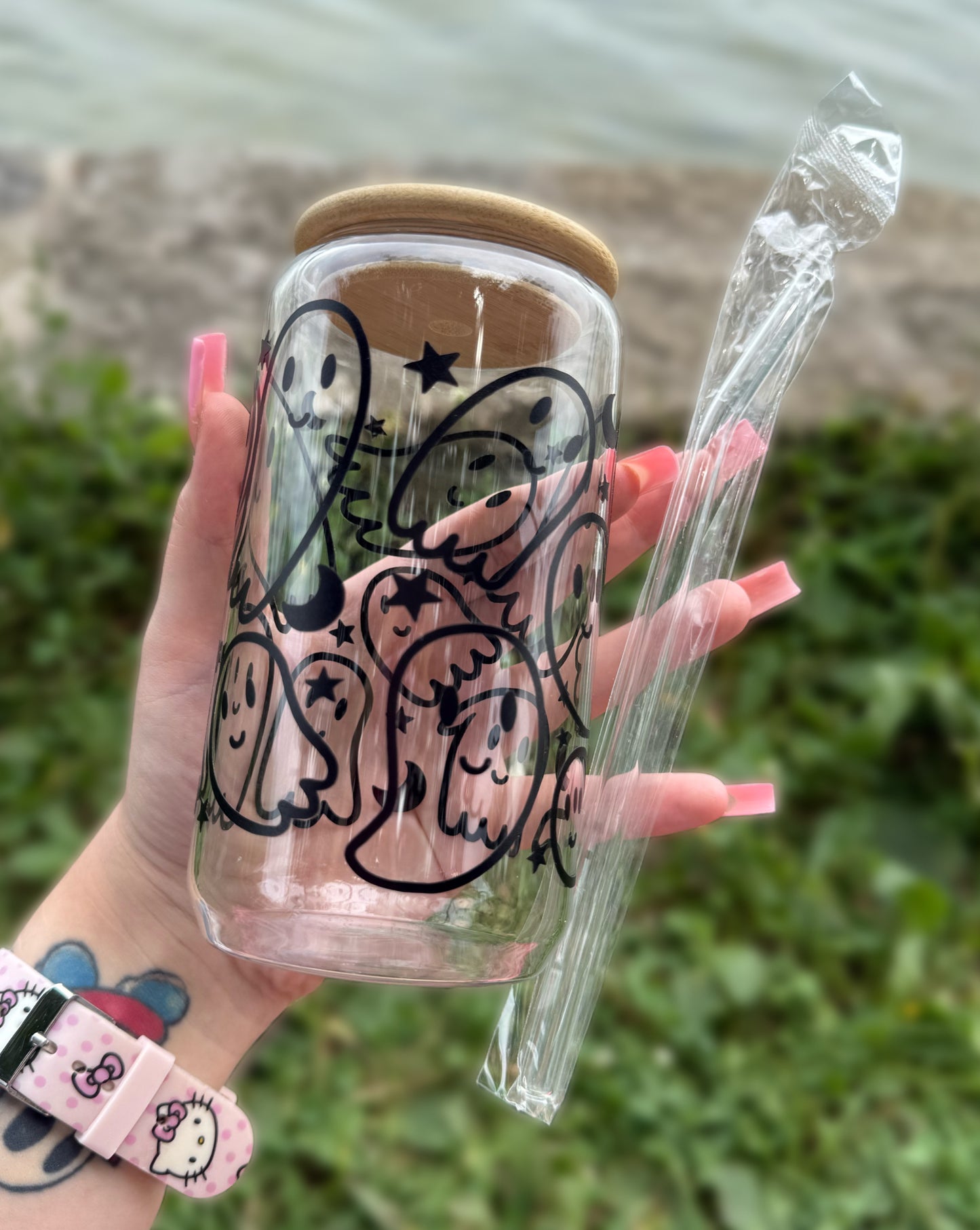 V1 Black Happy Ghosts 16 OZ Glass Tumbler