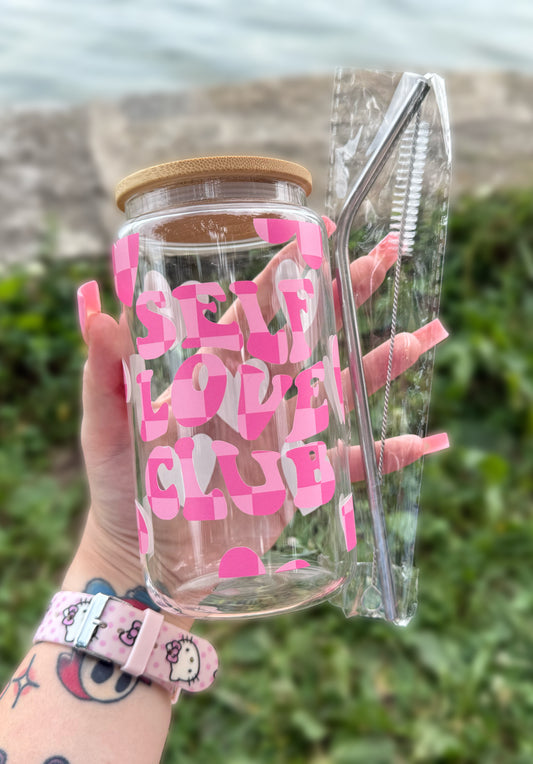 V2 Pink Checkered Self Love Club 16 OZ Glass Tumbler