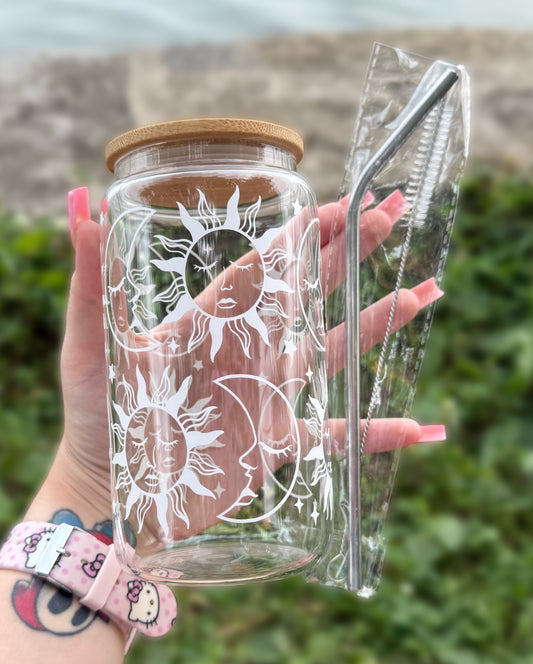 V2 White Sun & Moon 16 OZ Glass Tumbler