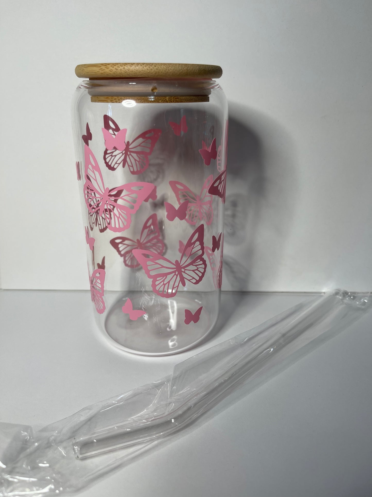 Pink Butterfly 16 OZ Glass Tumbler