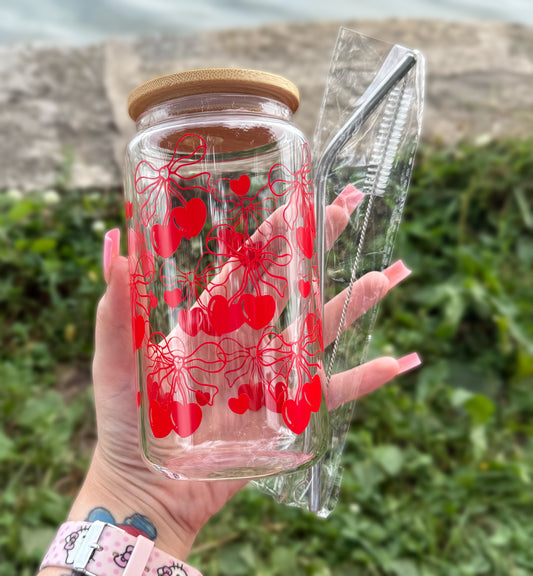 V2 Red Cherry Bows 16 OZ Glass Tumbler